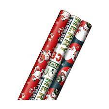 Hallmark Vintage Christmas Wrapping Paper Cut Lines on Reverse (3 Rolls: 120 sq. ft. ttl, Red, White, Navy Blue) Funny Candy Cane Santas, Classic Snowman, "Merry, Jolly, Happy, Peace"
