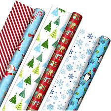 Hallmark Reversible Christmas Wrapping Paper (3 Rolls: 120 sq. ft. ttl) Rustic Santa, Papercraft Snowmen, Candy Canes, Stripes, Snowflakes, "Merry Christmas to You"